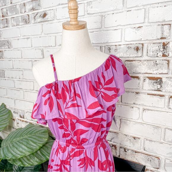 Purple & Red Floral Print One Shoulder Ruffle Cotton Blend Midi Dress S - Picture 2 of 10